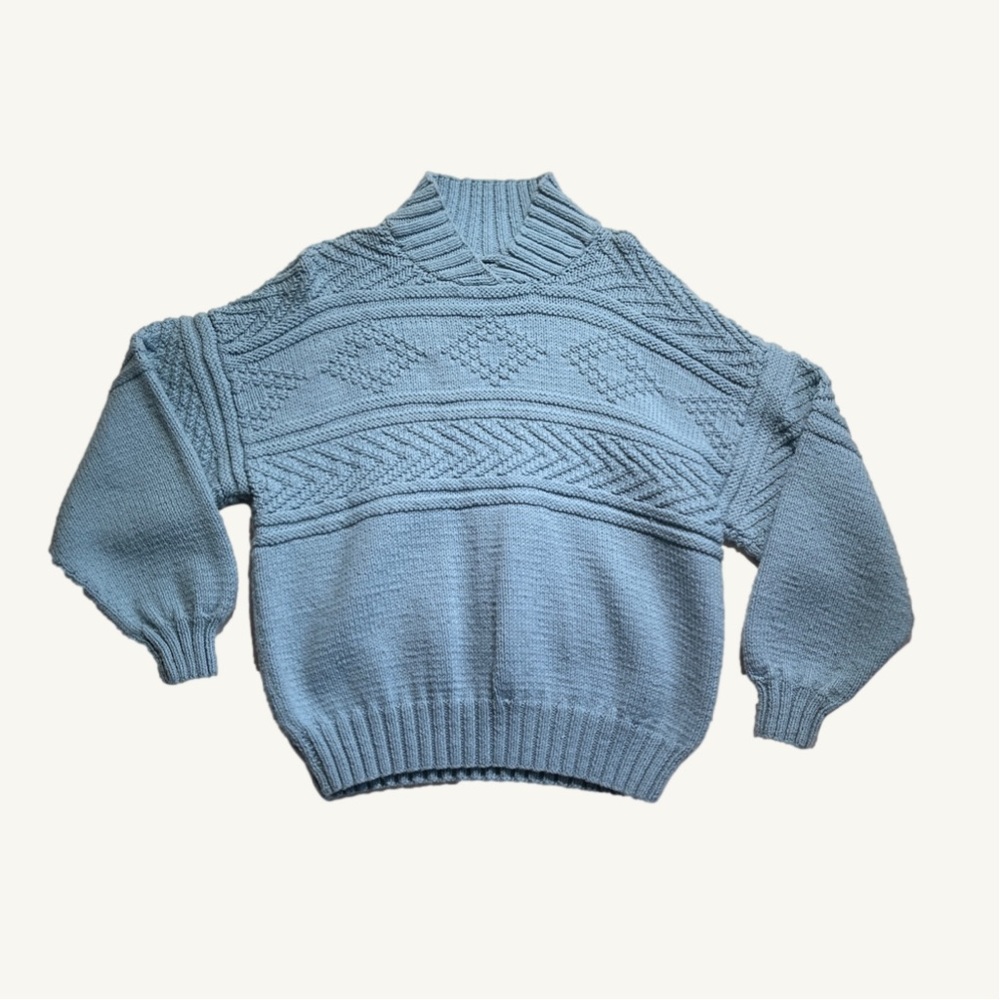 Homemade Knit Yarn Sweater Beautiful Blue Collar Neck